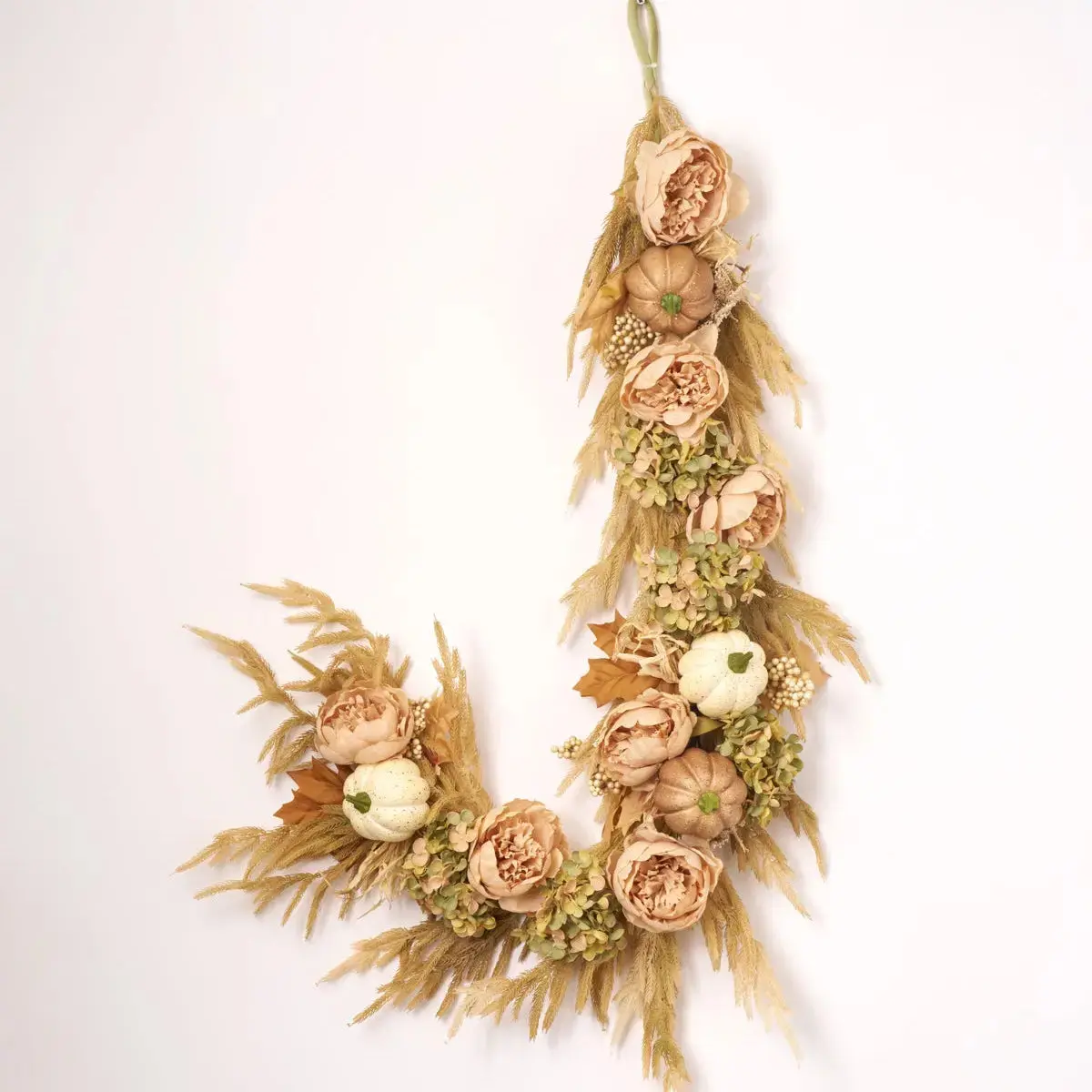 Pumpkin Meadow – Beige Norfolk Pine, Peony, Green Hydrangea & Cream/Brown Pumpkins Fall Mantle Garland Thanksgiving Table Runner - 5 Foot