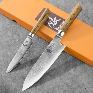 YUANREN 2PC Gift Series 8'' Culinary Chef Knife+5'' Paring Knife AUS-10 Stainless Steel Damascus 67 Layers Golden Pakka Wooden Handle Mossaic Pin Full Length Tang