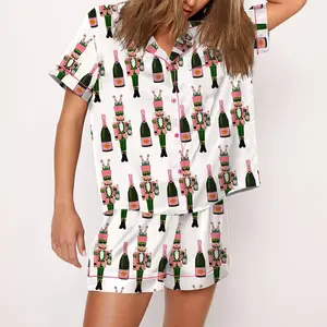Bucket Nutcracker Pajama Set For Women Print Comfy Satin Sleepwear & Loungewear Pjs Short Sleeve Top & Bottoms Shorts Without Pockets - SHESHOW