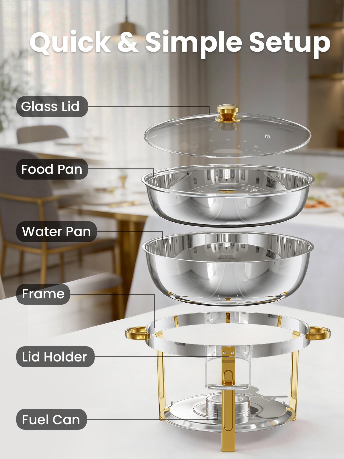WARMOUNTS 8QT Gold Chafing Dishes for Buffet with Glass Lid , Round Chafers and Buffet Warmers Set with Mirror-Polished Stainless Steel, Rolled Rim, Stackable, Lid Holder for Parties, Weddings, Easter, Gatherings (2/4 Packļ¼ WARMOUNTS 8QT Gold Chafing Dishes for Buffet with Glass Lid , Round Chafers and Buffet Warmers Set with Mirror-Polished Stainless Steel, Rolled Rim, Stackable, Lid Holder for Parties, Weddings, Easter, Gatherings (2/4 Packļ¼