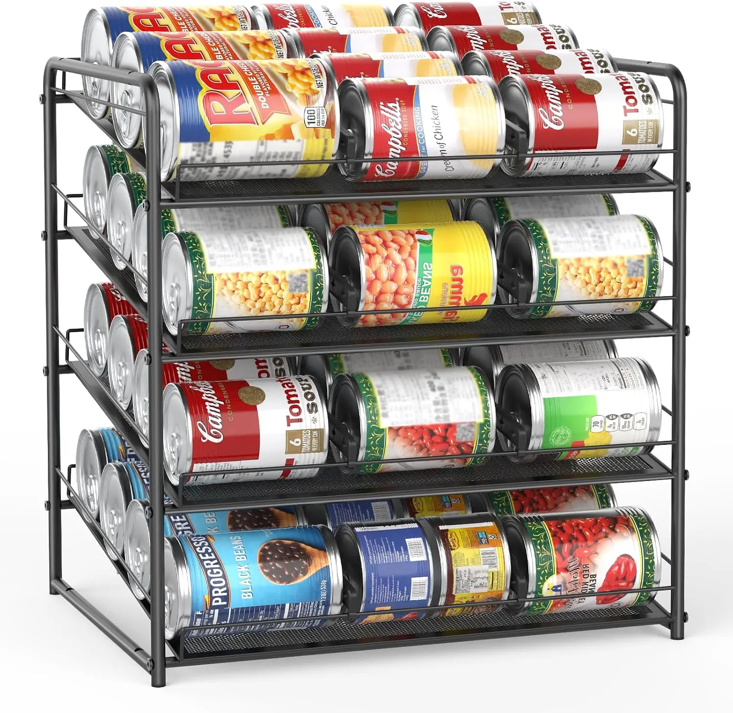 Black 4-Tier Adjustable Sturdy Metal Can Dispenser Rack, Kitchen Pantry Organizer for Canned Food, Holds Up to 48 Cans, Cupboard Cabinet Home Storage Solution
