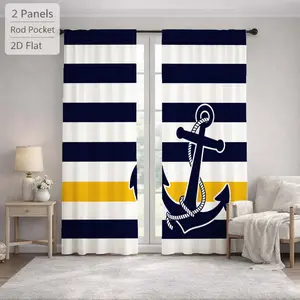 2Pcs Nautical Style Anchor Horizontal Stripes Sun Blocking Curtains Digital Printed Rod Pocket, Window Treatment For Bedroom Office Kitchen Living Room Study Home Decor
