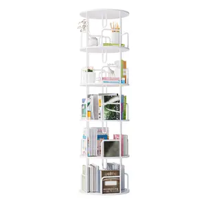 360° Rotating 5-Tier Bookshelf, 17.7"*17.7"*62.2" Metal & Wood Storage Rack, Round Corner Design, Space-Saving Revolving Bookcase for Study Living Room Office