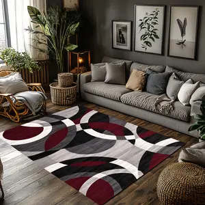 Modern Abstract Curved Circle Geometric Crystal Velvet Area Rug Burgundy Black White Grey Non‑Slip Contemporary Living Room Rug#AbstractCurvedCircleRug #GeometricRug #ContemporaryHomeDecor #BurgundyBlackWhiteGreyCarpet #CrystalVelvetRug