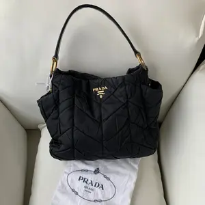 Pre-owned PRADA Black Padded Nylon Shoulder Bag | Gold Hardware | Luxury Everyday Tote/WJ01110836