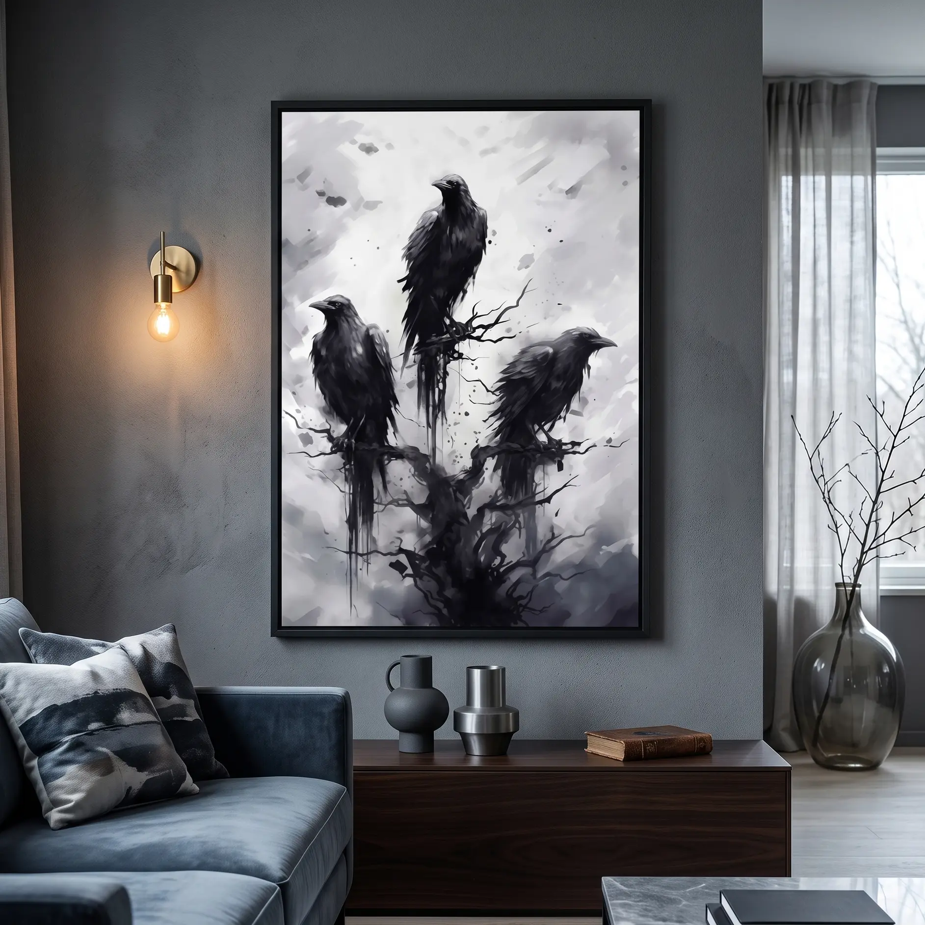 3 Ravens on Dead Tree Gothic Canvas Wall Art - Premium Wrapped Fabric Mural, Abstract Black & White Watercolor Crow Poster for Living Room