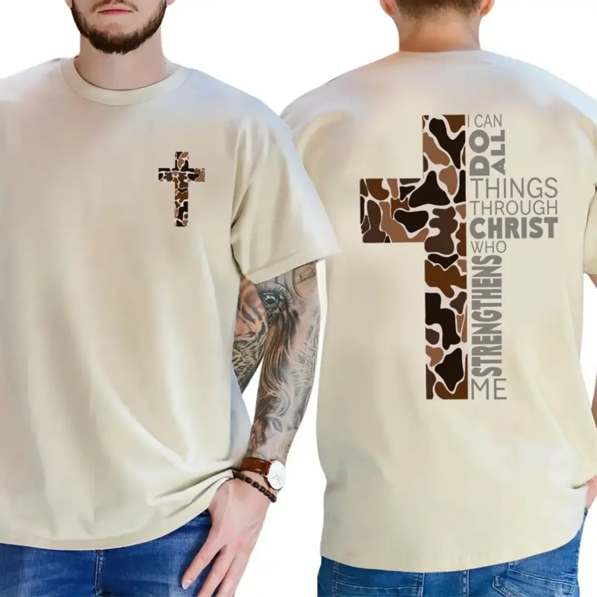 Christian Philippians 4:13 T-Shirt - Camo Cross With I Can Do All Things Through Christ Who Strengthens Me Scripture Graphic , Men's Faith Tee , Bible Verse Shirt , Church Outfit , Prayer Group Tee , Christian Gift For Men , Believers And Outdoorsmen Top