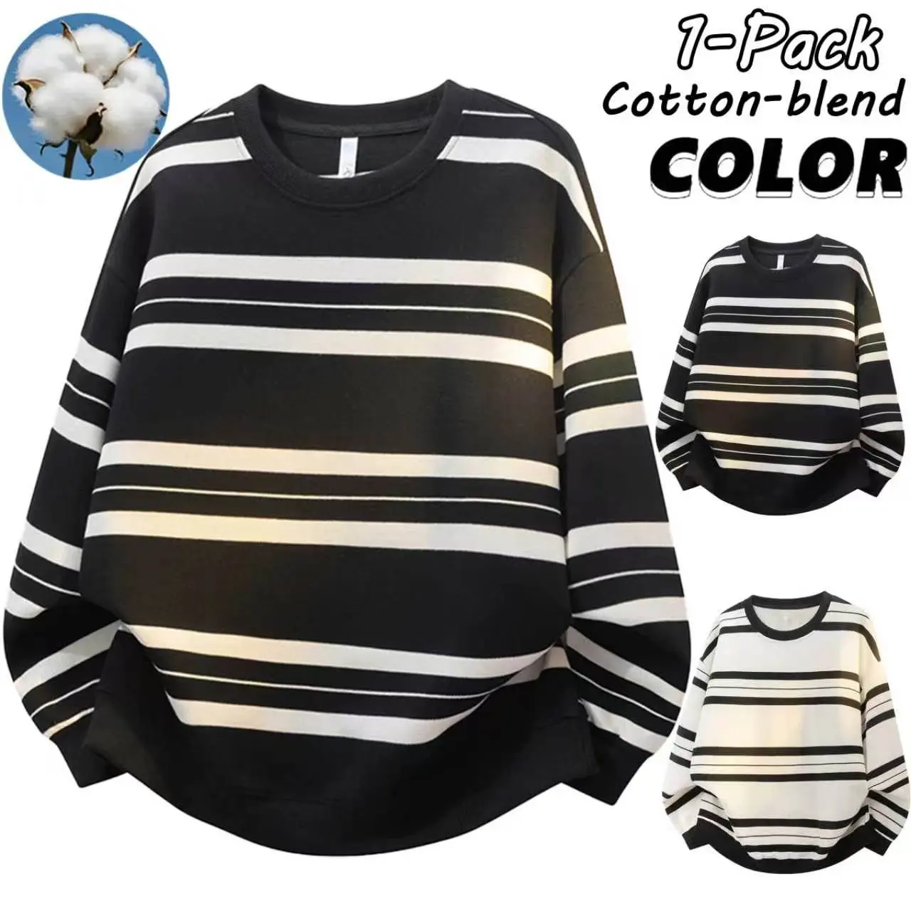 Men’s Cotton-Blend Striped Crewneck Sweatshirt - Spring & Autumn Casual Loose Long-Sleeve Pullover, Retro Stylish Design, Ideal for Streetwear Daily Wear