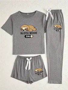 Women's Cartoon Sloth Print Pajama Set, 3 Piece Sleepwear Suit, Casual Fitted Nightwear for All Seasons, Comfortable Home Wear