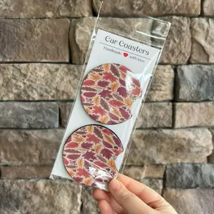 Fall Car Coasters Spooky Autumn Ghost Halloween Pumpkin Handmade Ceramic Drink Coasters for Car Use 2.6" Diameter Sublimated Designs Set of Two Unique Leaf Patterns