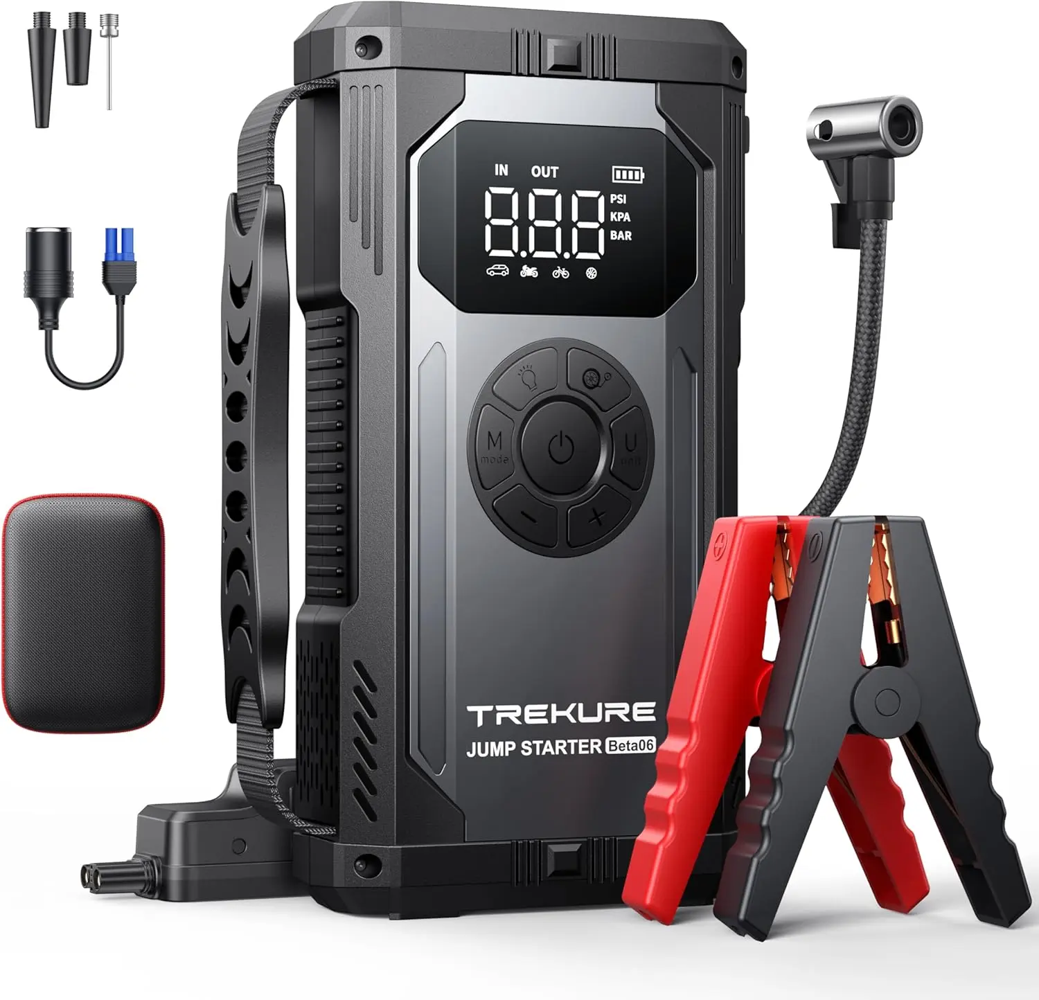 TREKURE BETA06 8-in-1 Jump Starter with Air Compressor 6000A 150PSI Portable Car Battery Jump Starter (All Gas/10L Diesel), 12V Jump Box Car Battery Jumper Starter Portable with Jumper Cables, Lights