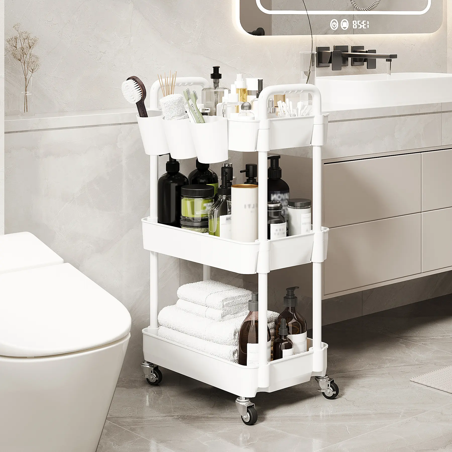 UDEAR 3-Tier Rolling Utility Cart,with 3 Hangable Cups Storage Trolley Rack for Room,Office,Kitchen,Bathroom