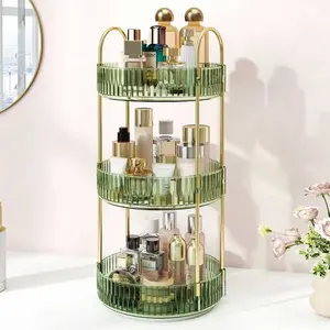 360° Rotating Makeup Carousel, Green-Accent Cosmetic Organizer with Multi-Tier Trays for Perfumes, Skincare and Brushes, Vanity Countertop Display Beauty Organizer