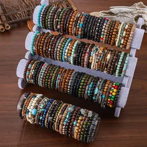 11/24/41pcs Handmade Western Style Wooden Beaded Bracelet Set, Turquoise Beads Bracelets Set with Starfish Cactus Hat Butterfly Feather Heart Zinc Alloy Pendant, Random Color, for Daily Party Jewelry Gift