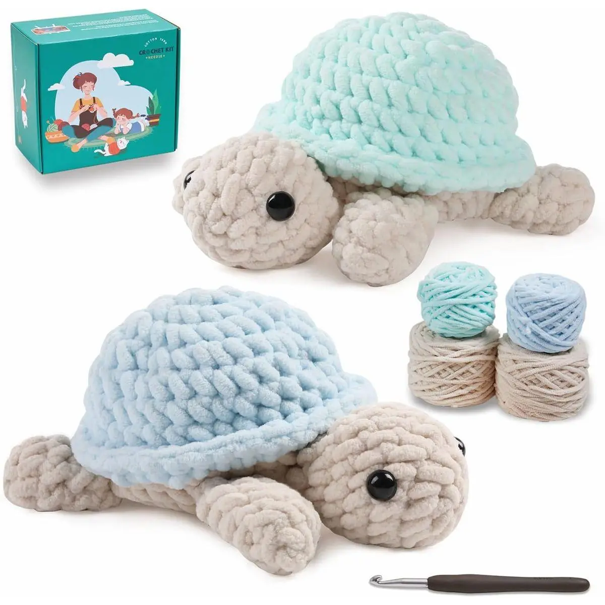 Crochet Kit for Beginners, Amigurumi Crocheting Animal Kits, with Step-by-Step Video Tutorials for Kids Adults Beginner - 2 Pack Turtles