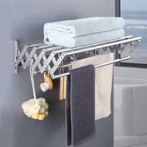 Wall Mounted Clothes Drying Rack 7 Rods 5 Hooks Retractable Collapsible Laundry Drying Rack Rustproof Wall Drying Rack Space-Saving for Bathroom/Tower