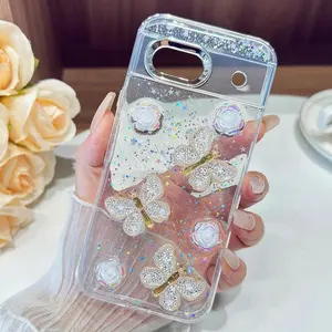 Silvery Glitter Bling Soft Case For Google Pixel 9 10 Pro XL 8A 8 9A 3D Butterfly Rose Cover For Google Pixel 8 Pro 9 Pro XL Protector