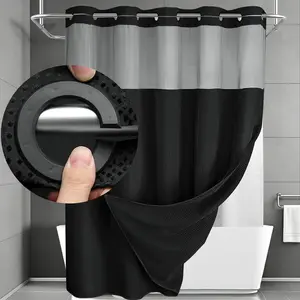 Black No-Hook Double Layer Waffle Weave Shower Curtain,  Water-Resistant Soft Fabric, Transparent Mesh Top Window & Removable Inner Liner, Stylish bathroom decor