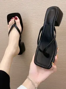 WWomen's Square Toe Block Heel Thong Sandals, Elegant Summer Slip On Shoes for Beach Work Daily Wear