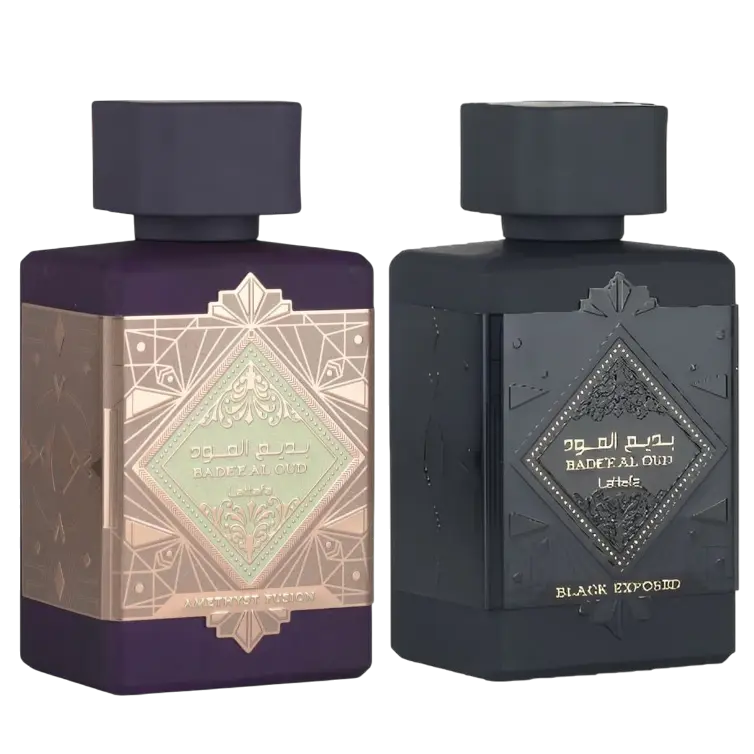 (2pc Bundle Pack) Badee Al Oud Amethyst Fusion + Black Exposed by Lattafa EDP, 3.4 oz