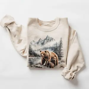 Retro Grizzly Bear Mama & Three Cubs Mountain Scene Sweatshirt - Nineties 90s Vintage Brown Bears Cotton Pullover