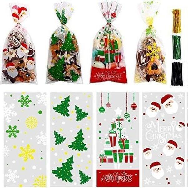 200 Pcs Christmas Cellophane Treat Bags, Xmas Clear Cello Gift Bags Candy Goodies Bags with Twist Ties for Christmas Party Supplies