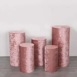 Set of 5 Dusty Rose Crushed Velvet Cylinder Pillar Prop Covers, Premium Pedestal Stand Covers