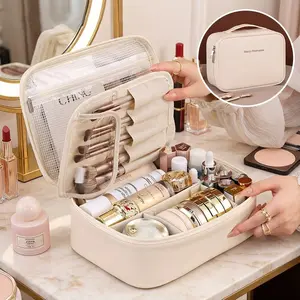 Portable Makeup Travel Makeup Bag,（Milk apricot white、Classic Black、Rose pink) Large Capacity Cosmetic Bags for Women, Portable Waterproof Travel Makeup Organizer with Adjustable Divider and Handle, ,Perfect Gift