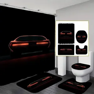 1/4-piece Retro Sports Car Taillight Design Shower Curtain Set, Shower Essentials, includes a non-slip mat, U-shaped rug, and toilet seat cover. Perfect for bathroom decoration, partitioning, and beautifying the space. Comes with 12 shower curtain hooks.