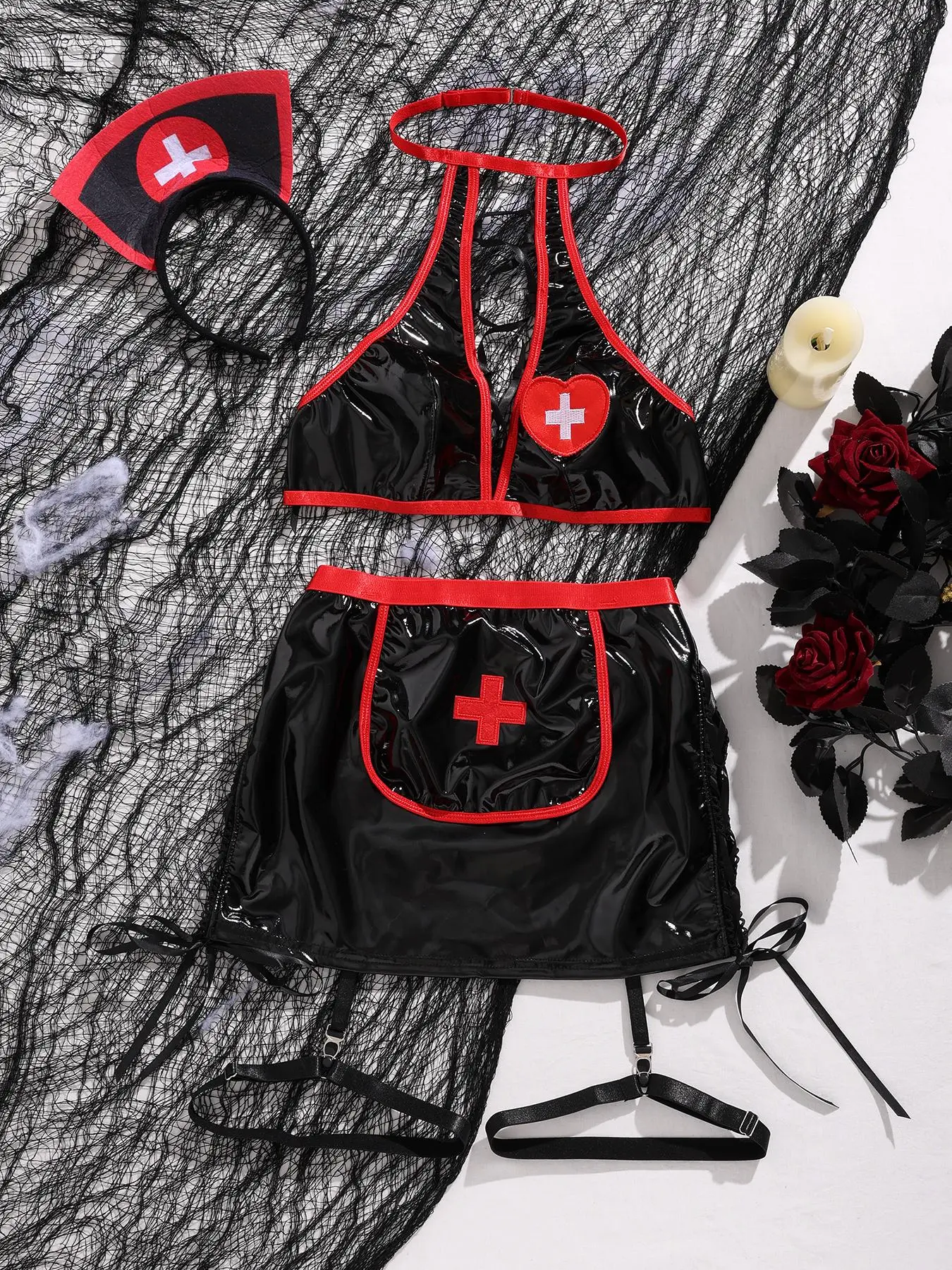 Nurse Theme Fantasy Uniform Set, Glossy Leather Nurse, Role Play/theme Events/bedroom Fantasy Scenes, Sexy Design, All Seasons, Underwear