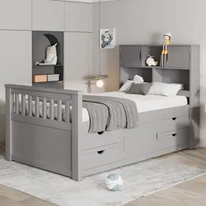 Twin Size Captain Platform Bed Frame with Storage Bookcases and Shelves, Wooden Bed Frame with Four Drawers, No Box Spring Needed