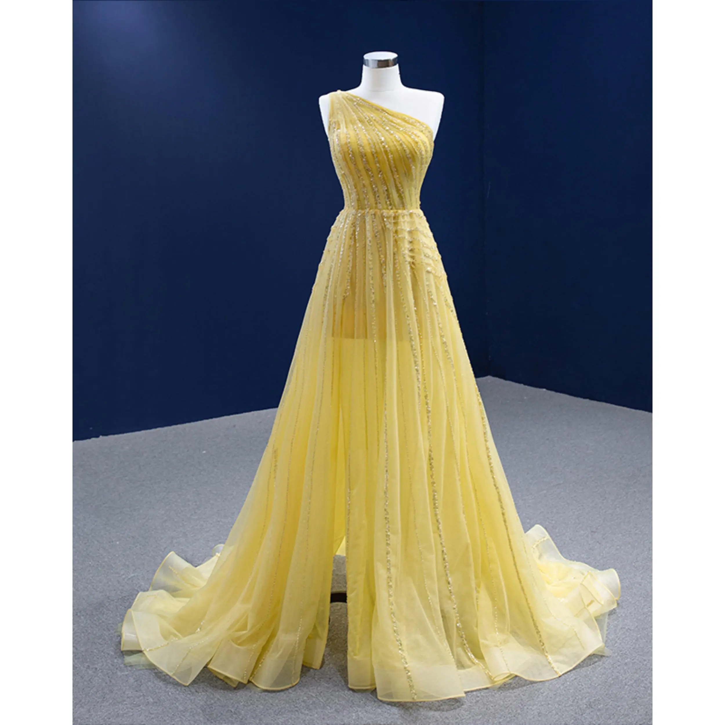 Sunset Elegance: Yellow One-Shoulder Evening Gown for Sophisticated Parties
