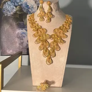 Gold plated necklace set 2 layers flowers  the best set for your wedding dinner gala