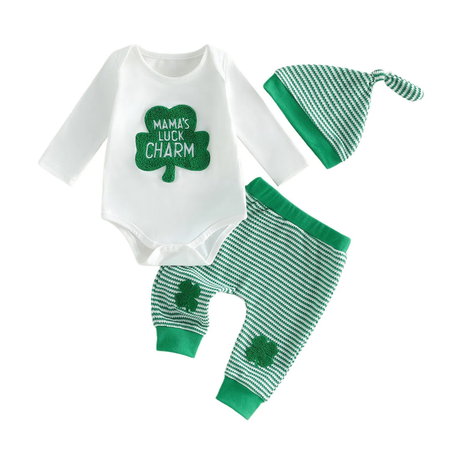 Babamoon St. Patrick's Day Baby Boy Irish Clothes Mama's Lucky Charm Shamrock Embroidery Long Sleeve Romper Stripe Pants and Hat 3Pcs Outfits 0-18 Months