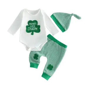 Babamoon St. Patrick's Day Baby Boy Irish Clothes Mama's Lucky Charm Shamrock Embroidery Long Sleeve Romper Stripe Pants and Hat 3Pcs Outfits 0-18 Months