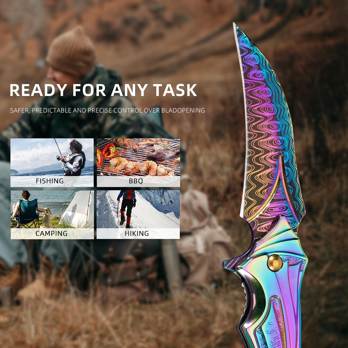 Vibrant Rainbow/Gold Damascus Folding Knife, Perfect for Hiking Camping & EDC