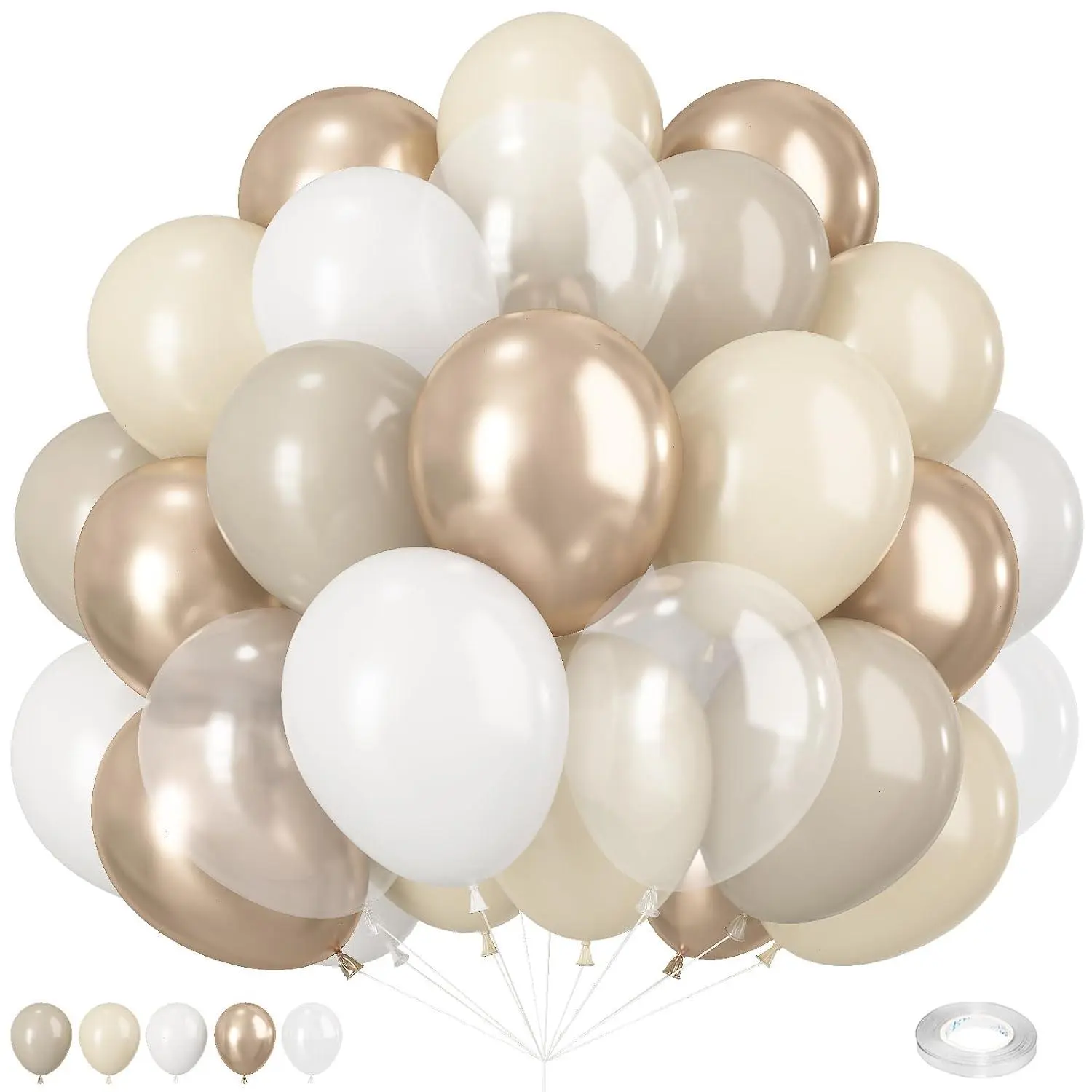 Beige White Gold Balloons, 60Pcs Nude Metallic Champagne Gold Cream White Clear Balloon Ivory White Sand Transparent Neutral Balloons For Birthday Boho Wedding Anniversary Engagement Party Decoration