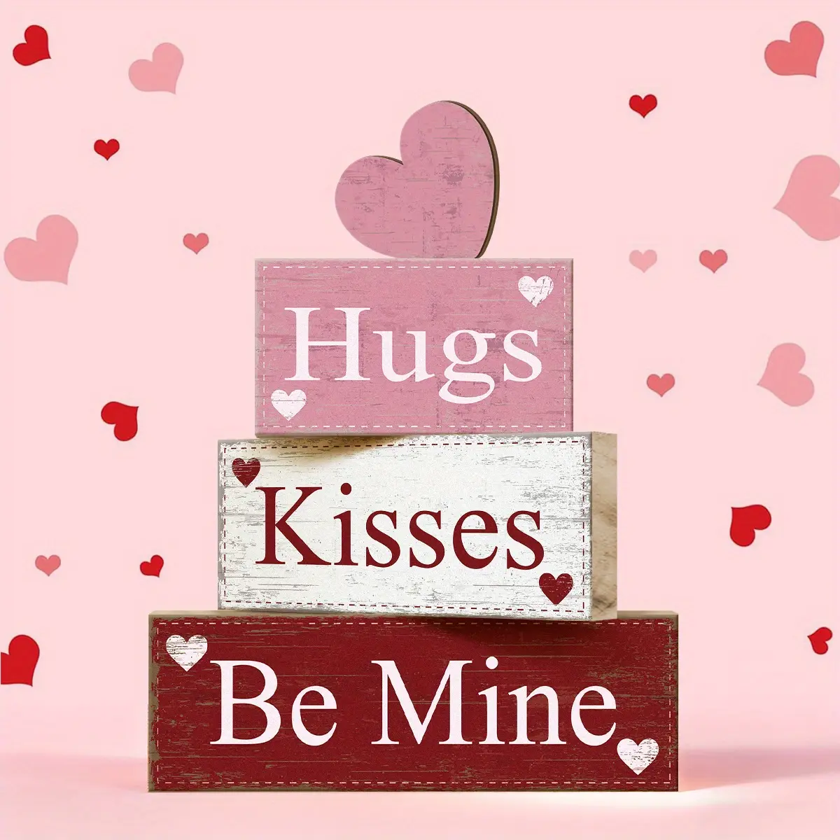 4 Pcs Valentine Decorative Sign & Plaque Hugs Kisses Be Mine Wooden Blocks, Table Centerpiece, Tiered Tray Decor & Decorative Stacked Blocks for Coffee Table, Fireplace Mantel, Floating Shelf