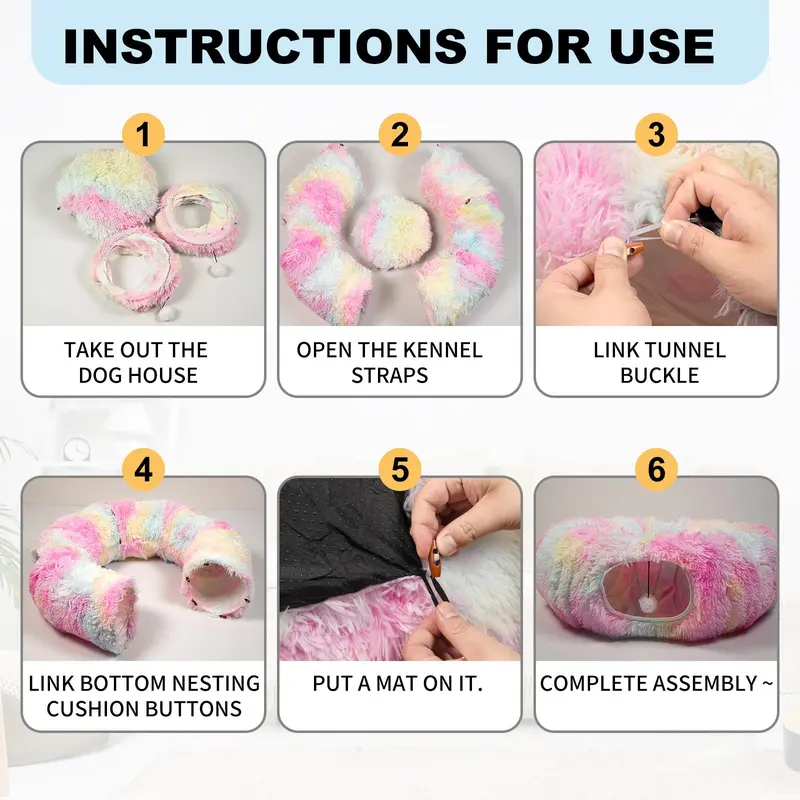 Winter Warm Pet Bed, 2 in 1 Foldable Cat Tunnel Cat Bed, Warm Plush Cat Bed with Hanging Ball & Tunnel Buckle, Pet Supplies for Indoor Outdoor Use 6