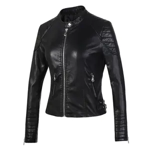 Elegant Women Leather Biker Coat Winter Casual White Black Black