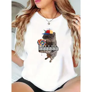 Women's Cute Cat with Colorful Propeller Hat & Lollipop "lalalalalala" White T-Shirt Casual Daily Summer Party Fashion Tee 100% Cotton T-shirt