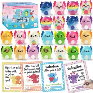 Easter Gift  for Kids, Day Cards with 24pcs Axolotl Slow Squishy Toy,Stress Relief Fidget Toy,Valentine Axolotl Party Favors School Classroom Exchange Gifts