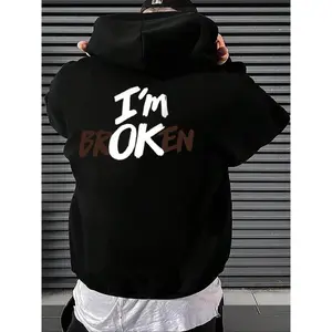 Men's "I'M OK" Letter Print Drop Shoulder Hoodie, Fashion Casual Regular Fit Drawstring Pocket Hooded Sweatshirt for Daily Holiday Outdoor Wear, Men Clothes for Spring & Fall