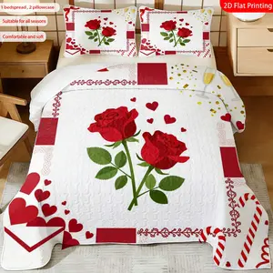 3 pcs, 2D flat print Romantic Rose Heart Pattern Bed Cover Set, Valentine's Day Theme, Multiple Sizes Available, Bedding Set, Festive Decorative Bedding, Ideal for Bedroom Décor(1 bedspread , 2 pillowcase)