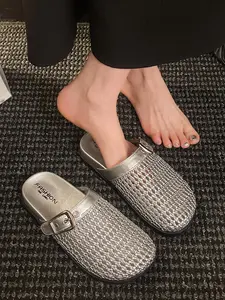 Trendy Knitted Mesh Slippers for Women, Metal Buckle Design, Height-Boosting Slimming Half Slipper, Comfortable Summer Footwear