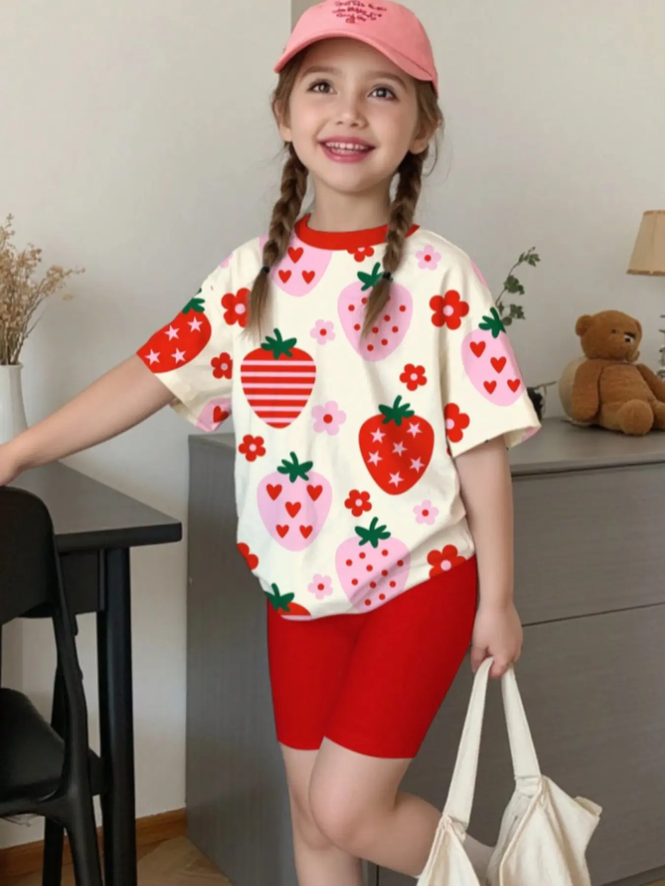 Girls' Casual Sweet Summer Fruit Strawberry Print, Vacation Style, Vintage, Short Sleeve T-Shirt and Shorts Set, Perfect for Summer Wear, Summer Clothing Set