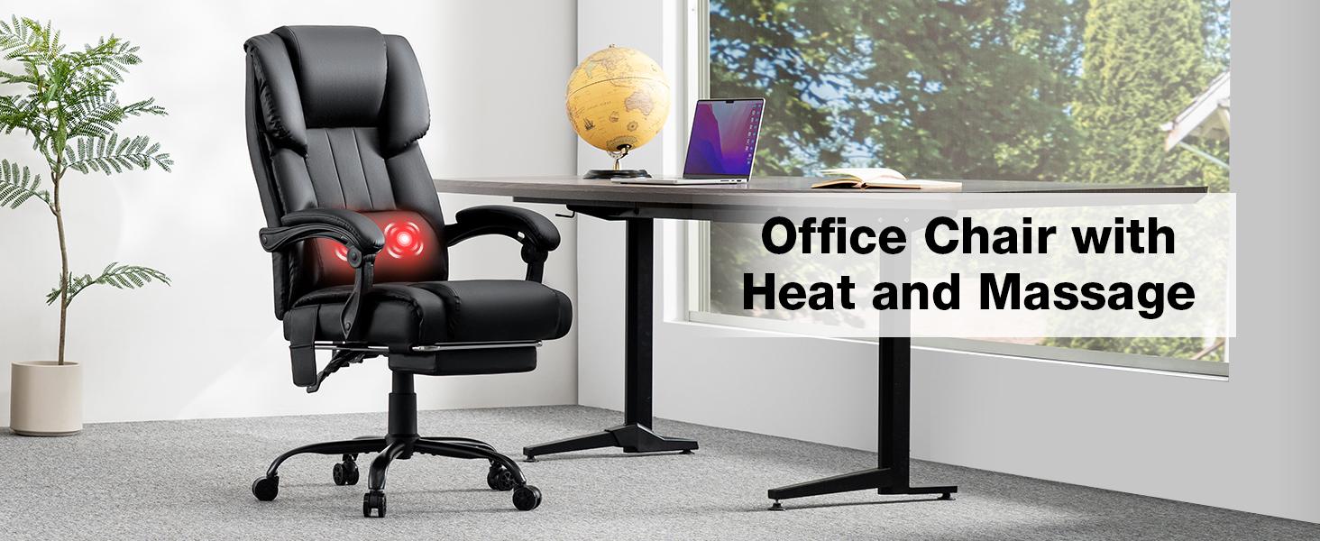 HOFFREE Reclining Office Chair with Massage and Heat Big and Tall Executive Office Chair with Foot Rest High Back PU Leather Computer Chair with Lumbar Support Black