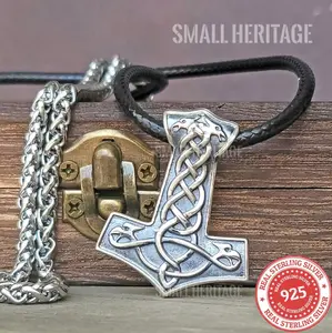 925 Sterling Silver Viking Hammer Mjolnir Pendant Norse Amulet Raven Necklace