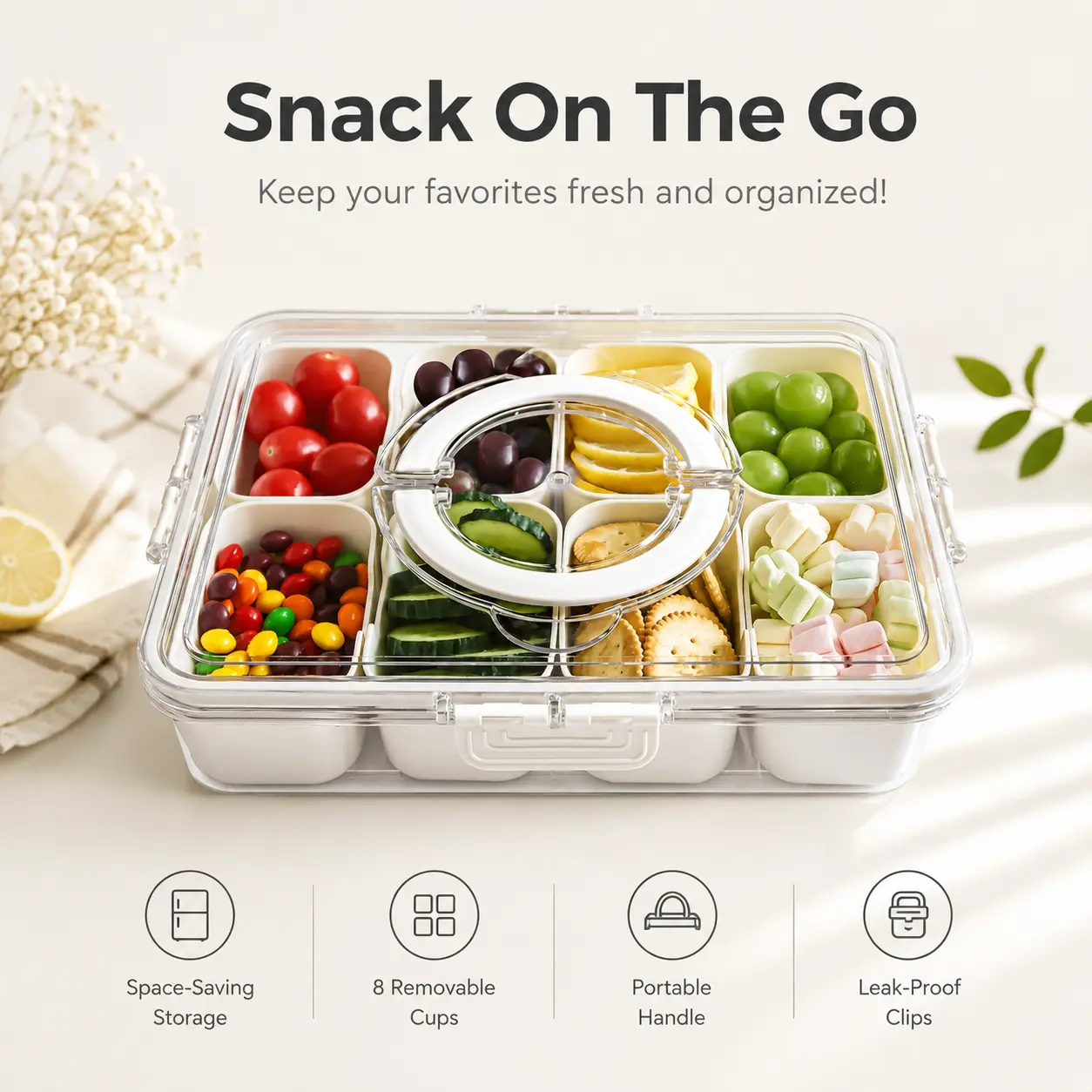 Portable Snack Box with Handle & 8 Removable Compartments - Leakproof Divided Food Storage Container for Picnic, Travel & Lunch