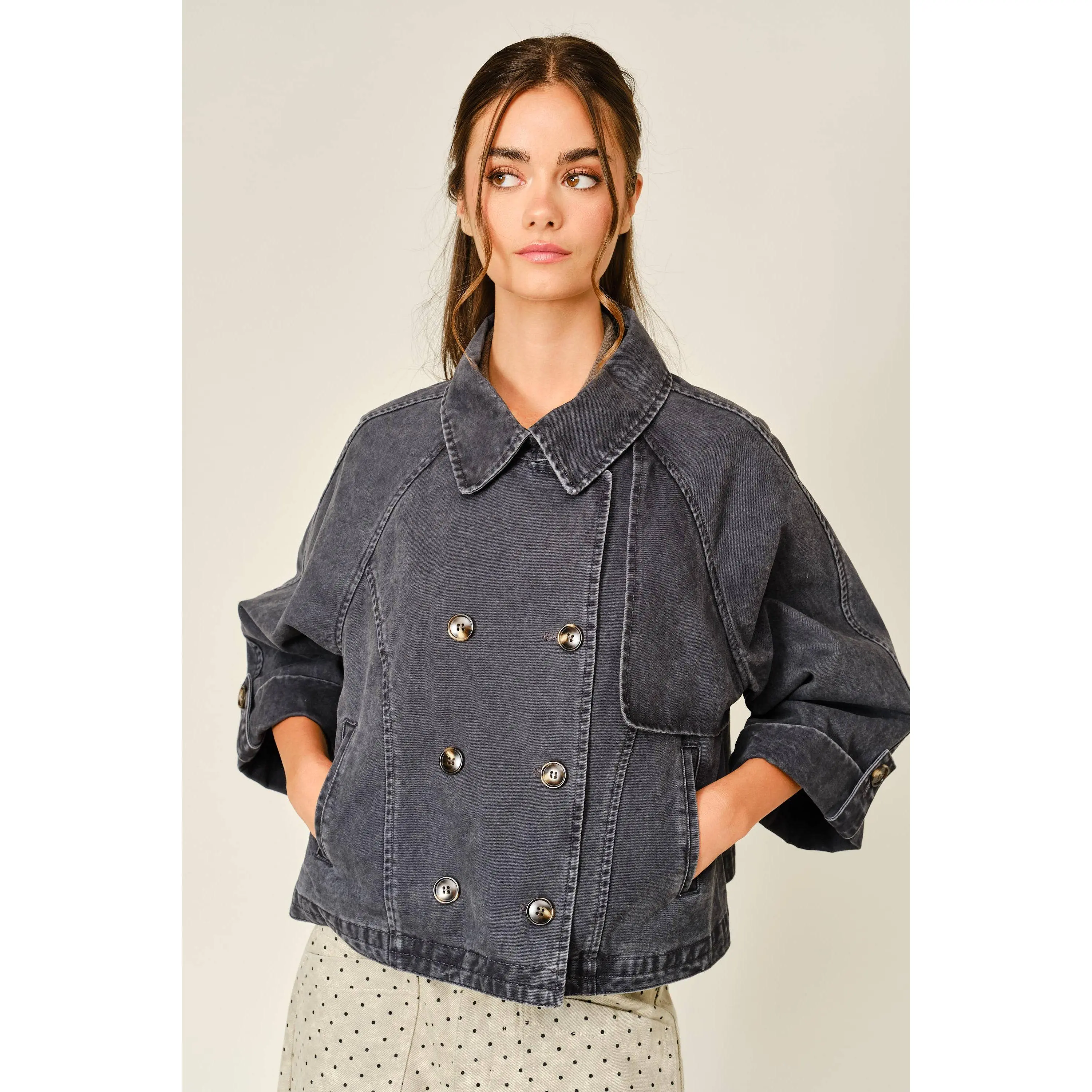 Washed Denim Kimono Sleeve Jacket